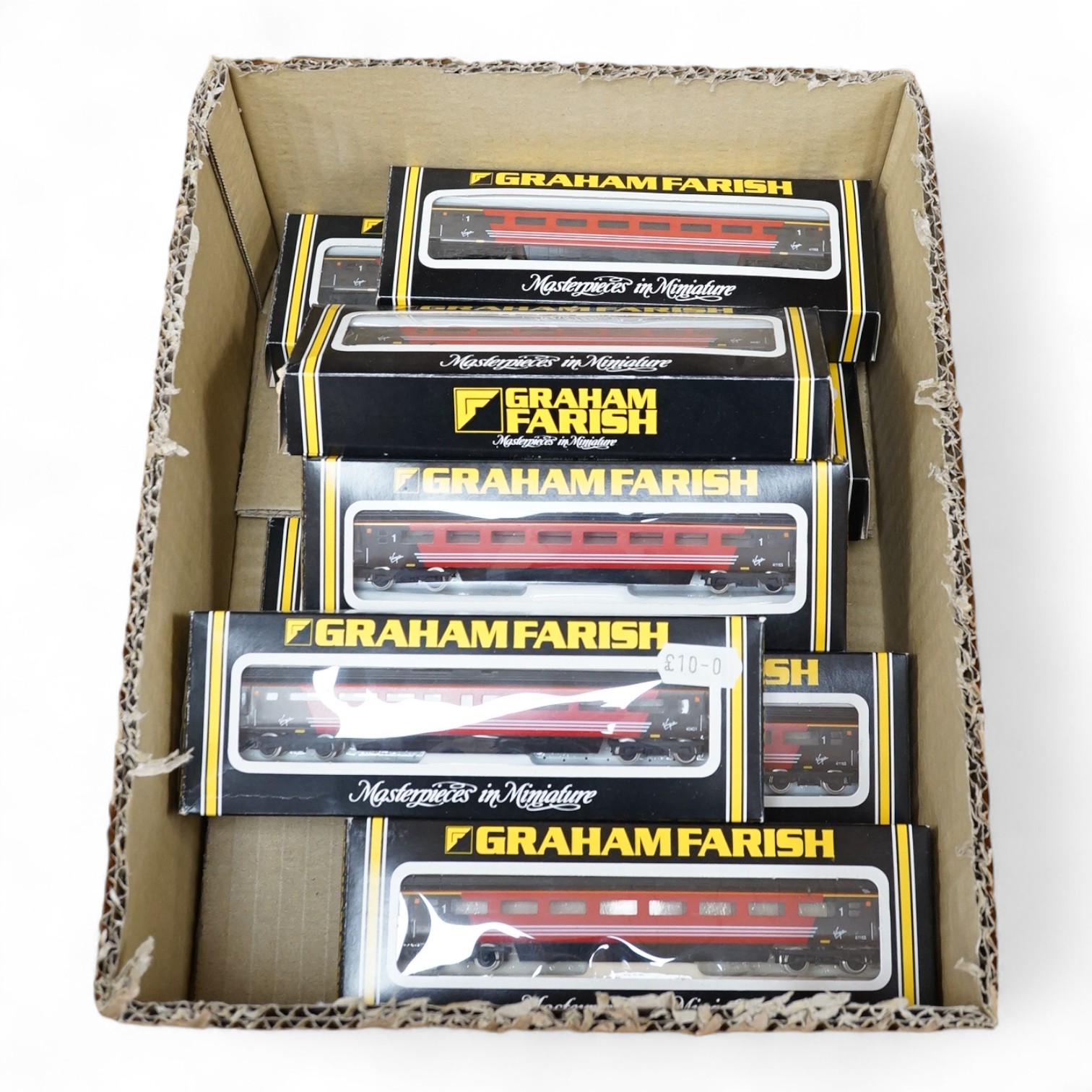 Ten boxed Graham Farish N gauge railway, Virgin Trains 75ft Mk.3 coaches. Condition - good.
